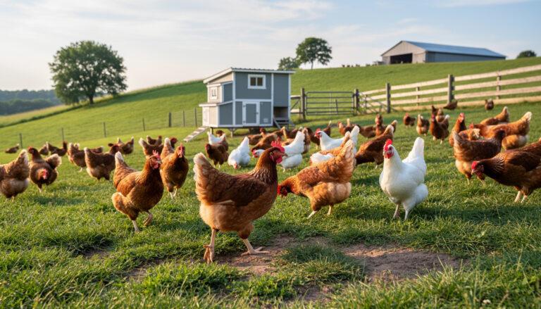 A flock of chickens roaming a sunny pasture with a small blue coop and wooden fences in the background.