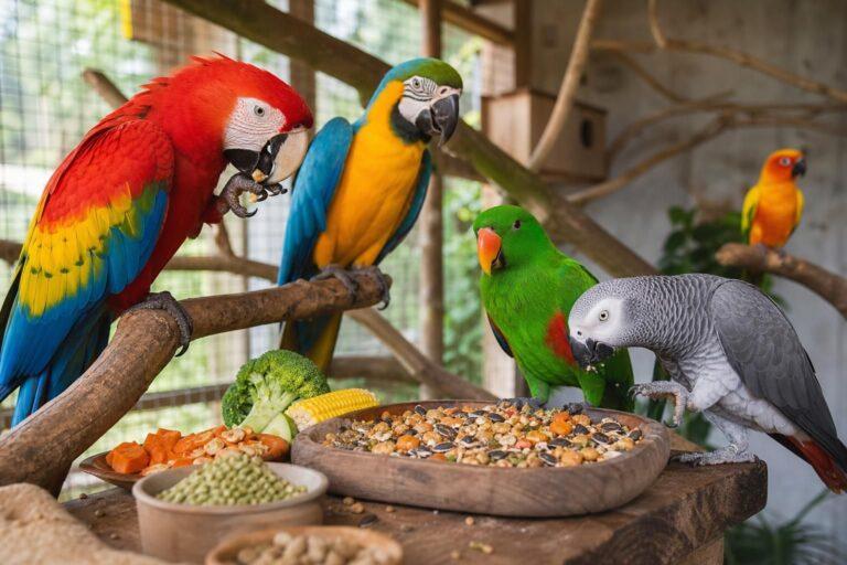 | Graineterie du Val de l'Eyre | Graineterie du Val de l'Eyre Several colorful parrots perched around a tray of seeds and vegetables inside a wooden enclosure.